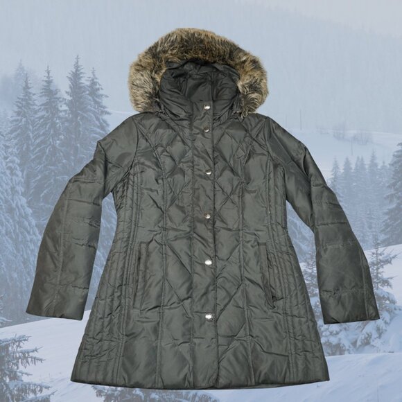 NEW - London Fog Faux-Fur-Trimmed Down Puffer Coat w/Hood - Black/Tan - Picture 7 of 13